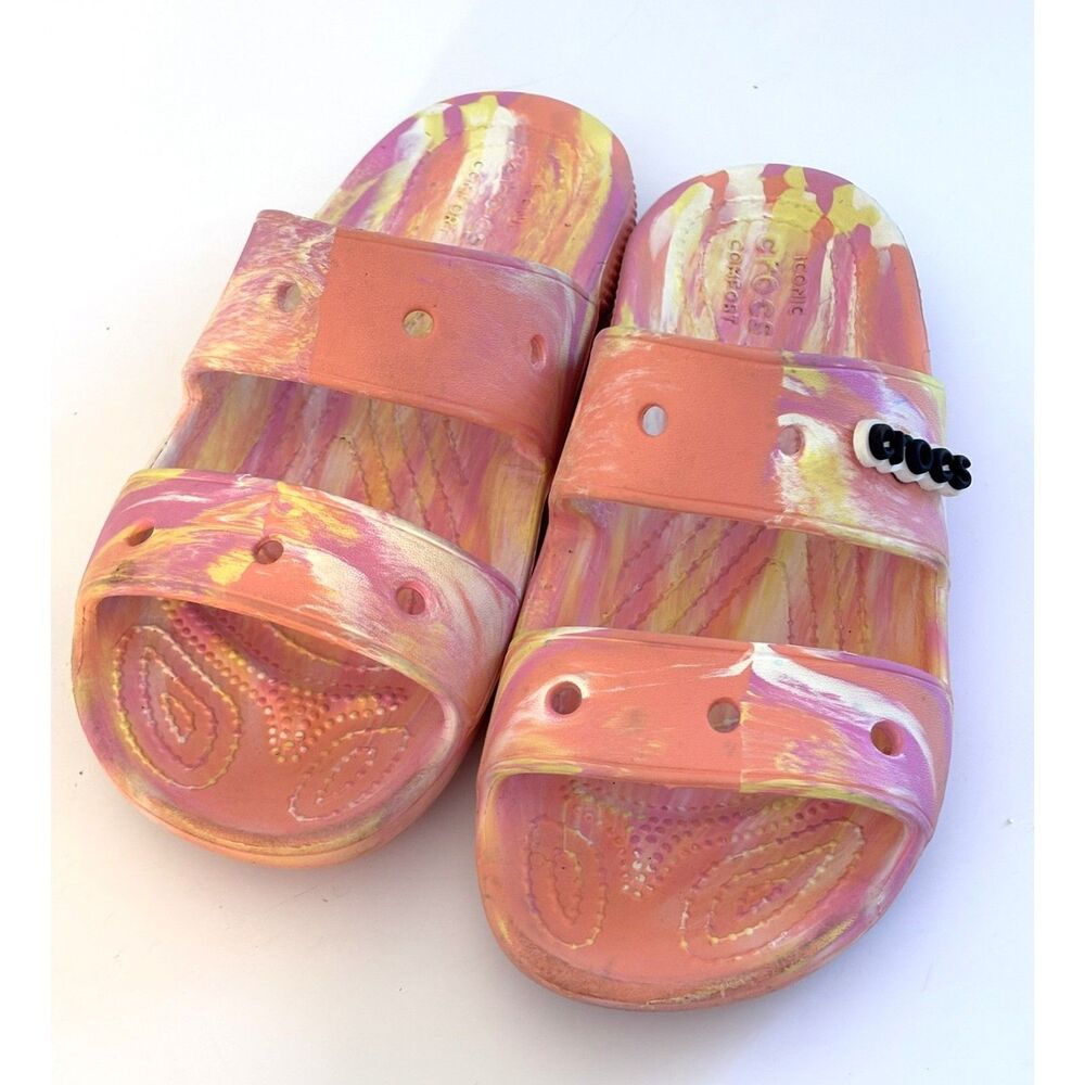 Crocs Classic Papaya Marbled Two Strap Slides Multi Sandals Pink Yellow W7/M5
